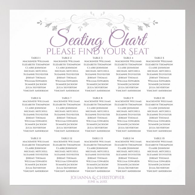 15 Table Lavender on White Wedding Seating Chart (Front)