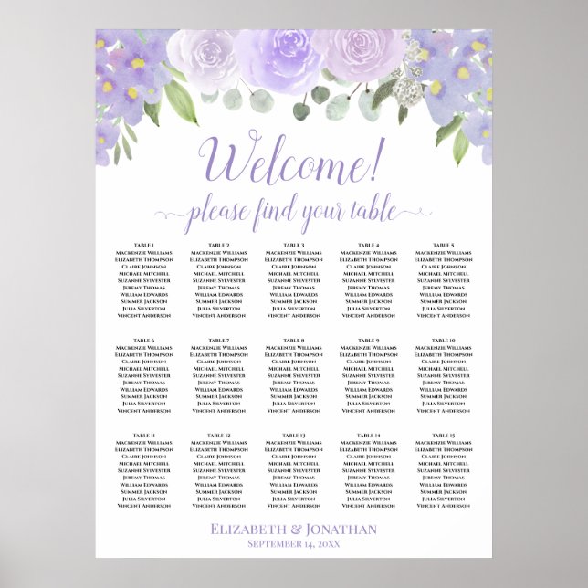 15 Table Lavender Roses Boho Wedding Seating Chart (Front)