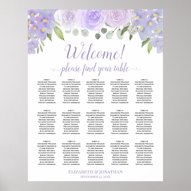 15 Table Lavender Roses Boho Wedding Seating Chart (Front)