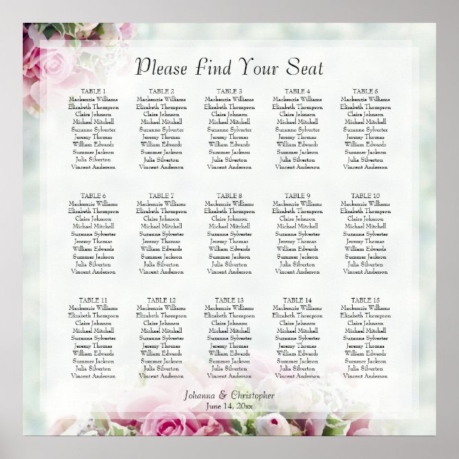 15 Table Pink Roses & Peony Wedding Seating Chart (Front)