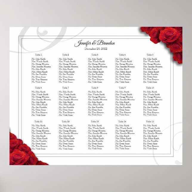 15 table Red Roses Elegant wedding Seating Chart (Front)