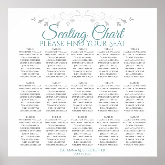 15 Table Teal & Grey Wedding Seating Chart (Front)