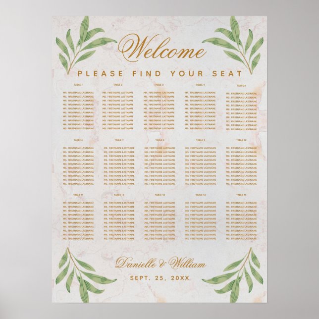 15 Tables Seating Chart Greenery Foliage Leaves  (Front)