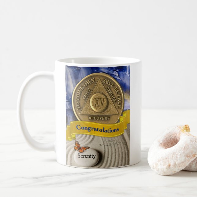 15 Year CUSTOM NAME AA Anniversary Serenity Coffee Mug (With Donut)