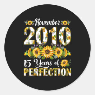 15 Year Old November 2010 Sunflower 15th Birthday  Classic Round Sticker