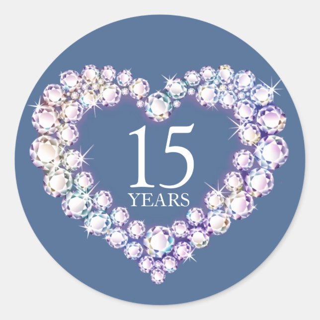 15 years crystal anniversary heart blue classic round sticker (Front)
