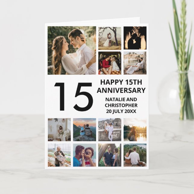 15th Anniversary 13 Photo Collage Black and White Card (Front)