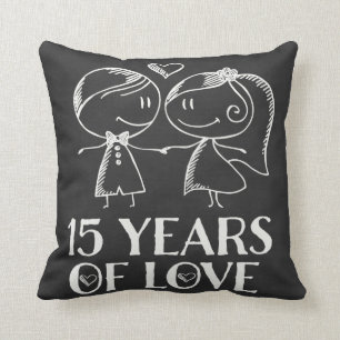 15th Anniversary Couples Chalk Drawn Pillow Gift