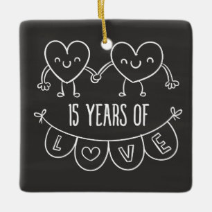 15th Anniversary Gift Chalk Hearts Ceramic Tree Decoration