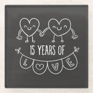 15th Anniversary Gift Chalk Hearts Glass Coaster