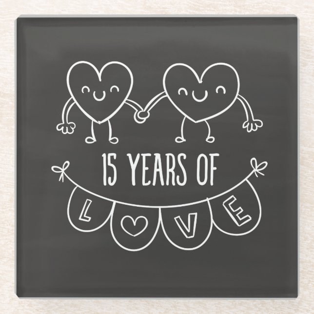 15th Anniversary Gift Chalk Hearts Glass Coaster (Front)