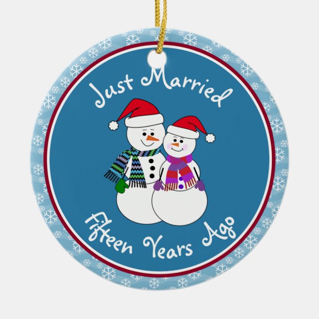 15th Anniversary Gift Fun Snow Couple Christmas Ceramic Tree Decoration (Front)