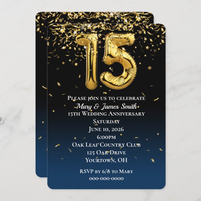 15th Anniversary Gold Balloons & Confetti Invitati Invitation (Front/Back)
