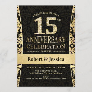 15th Anniversary Party - Gold Black Invitation
