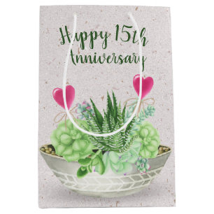 15th Anniversary Pink Hearts in Succulents  Medium Gift Bag