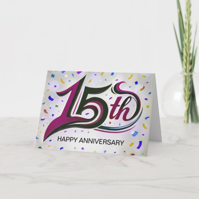 15th Anniversary Text With Party Confetti Card (Front)