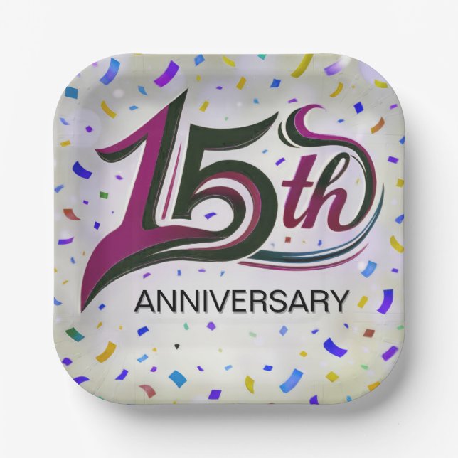 15th Anniversary Text With Party Confetti Paper Plate (Front)