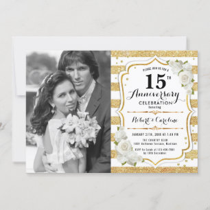 15th Anniversary with Photo - Gold White Invitation