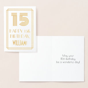 15th Birthday - Art Deco Inspired Look "15" & Name Foil Card