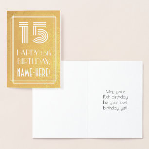 15th Birthday – Art Deco Inspired Look "15" + Name Foil Card