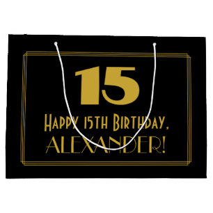 15th Birthday — Art Deco Inspired Look "15" & Name Large Gift Bag