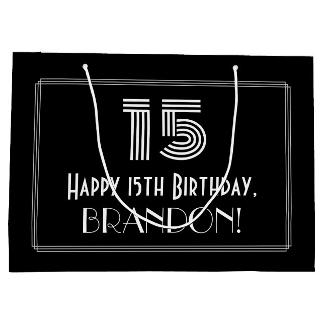 15th Birthday — Art Deco Inspired Look "15" & Name Large Gift Bag (Back)