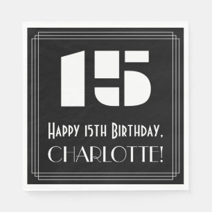 15th Birthday: Art Deco Inspired Look "15" + Name Napkin