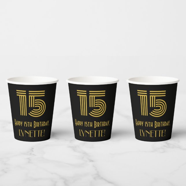 15th Birthday: Art Deco Inspired Look “15” & Name Paper Cups (Multi)
