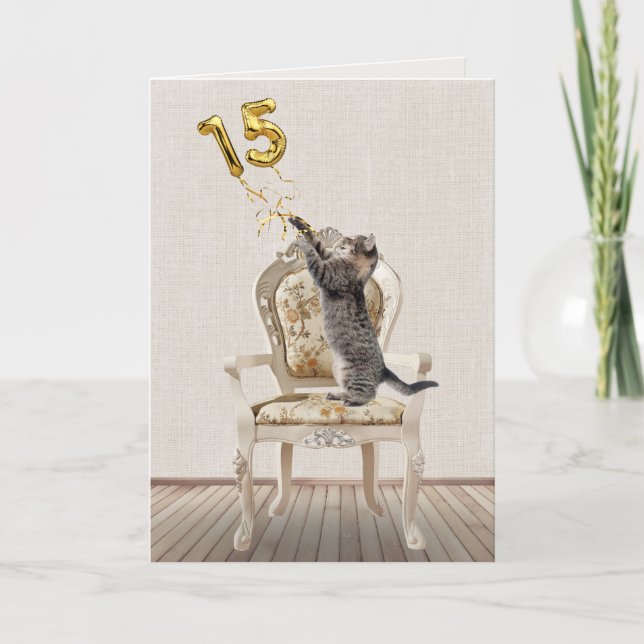 15th Birthday Balloons and Tabby Cat Card (Front)