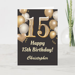 15th Birthday Black and Gold Balloons Confetti Card