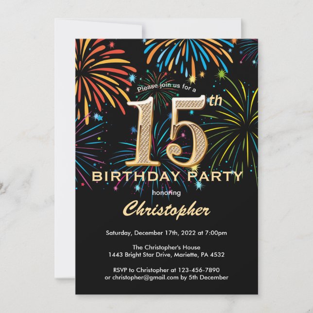 15th Birthday Black and Gold Rainbow Fireworks Invitation (Front)