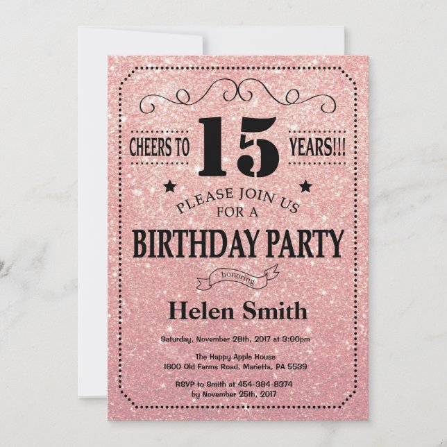15th Birthday Black and Pink Rose Gold Glitter Invitation (Front)