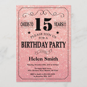 15th Birthday Black and Pink Rose Gold Glitter Invitation