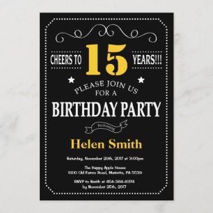 15th Birthday Black and Yellow Chalkboard Invitation