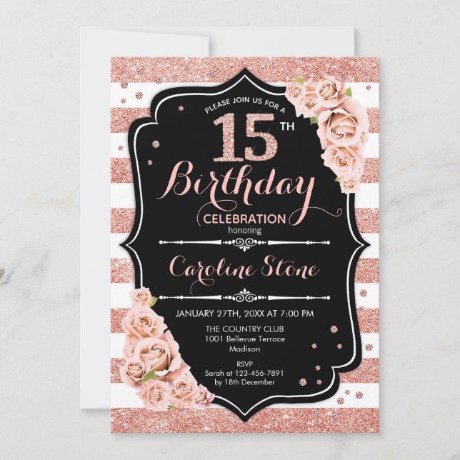 15th Birthday Black Rose Gold and White Stripes Invitation (Front)