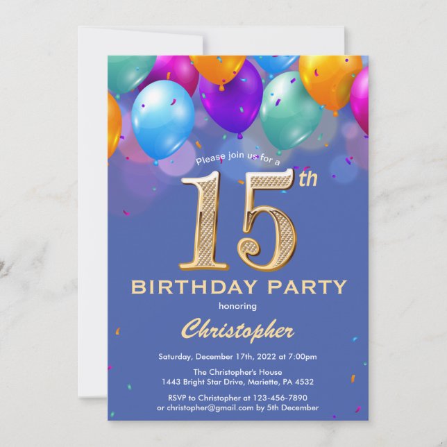 15th Birthday Blue and Gold Colourful Balloons Invitation (Front)