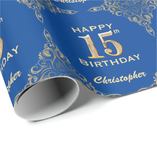 15th Birthday Blue and Gold Glitter Frame Wrapping Paper