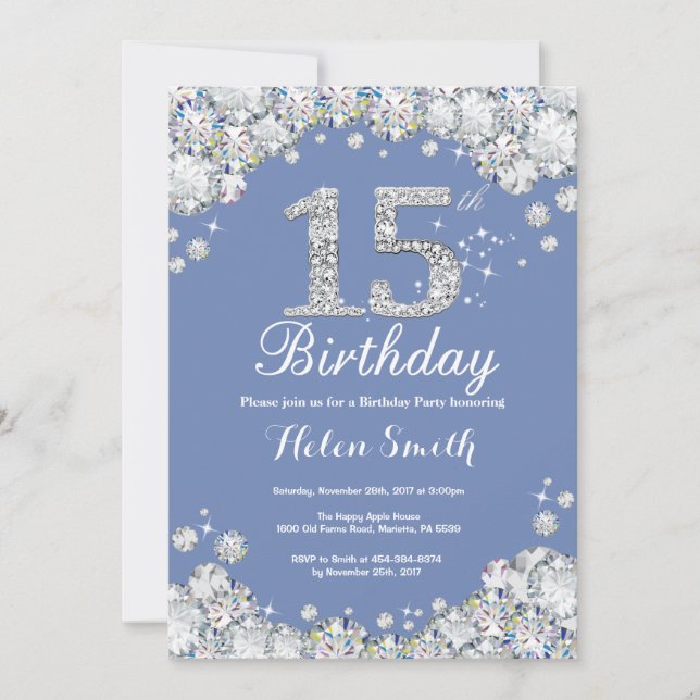 15th Birthday Blue and Silver Diamond Invitation (Front)