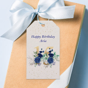 15th Birthday Blue Roses Gold Floral Number 15 Gift Tags