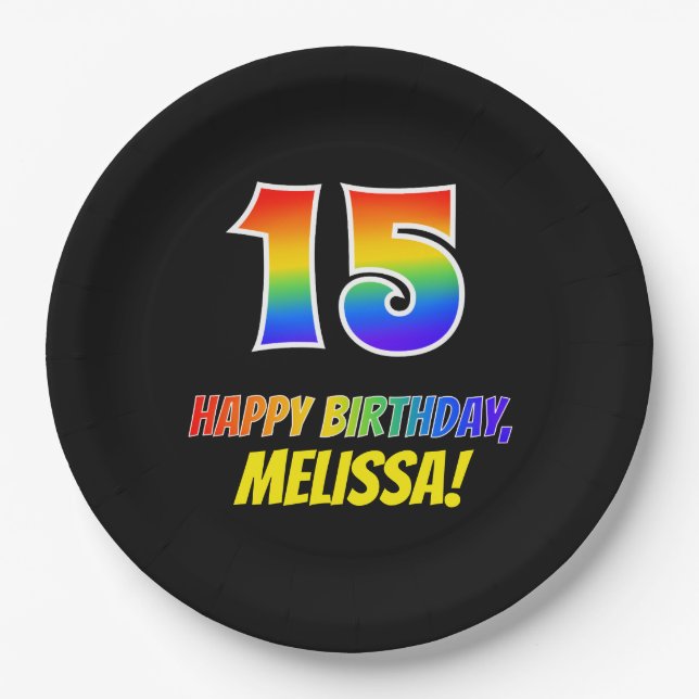 15th Birthday: Bold, Fun, Simple, Rainbow 15 Paper Plate (Front)