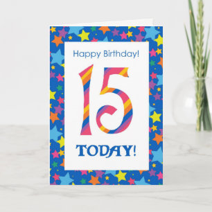 15th Birthday Bright, Colourful Stripes and Stars Card