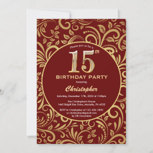 15th Birthday Burgundy Red and Gold Floral Pattern Invitation