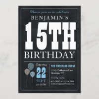 15th Birthday Chalkboard Blue Balloon Rustic Chic