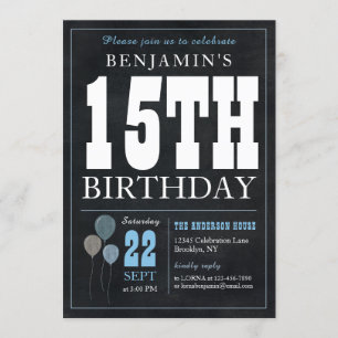 15th Birthday Chalkboard Blue Balloon Rustic Chic Invitation