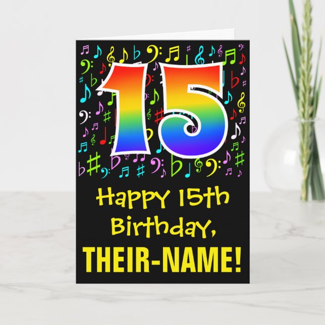 15th Birthday: Colorful Music Symbols + Rainbow 15 Card (Front)
