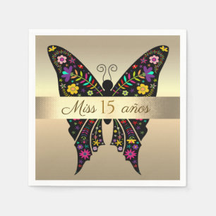 15th Birthday , Colourful Butterfly Gold Foil Napkin