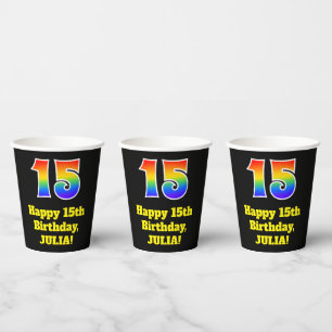 15th Birthday: Colourful, Fun, Exciting, Rainbow 1 Paper Cups