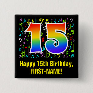 15th Birthday: Colourful Music Symbols, Rainbow 15 Cm Square Badge