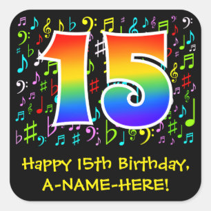 15th Birthday: Colourful Music Symbols, Rainbow 15 Square Sticker