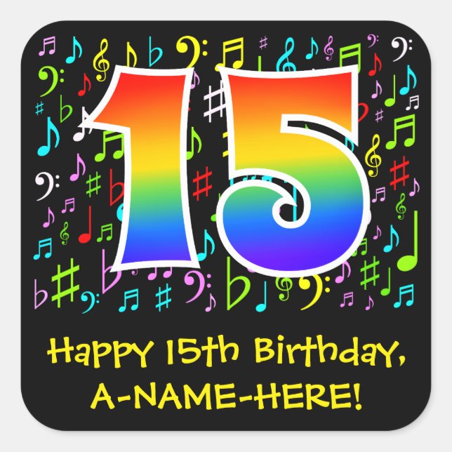 15th Birthday: Colourful Music Symbols, Rainbow 15 Square Sticker (Front)